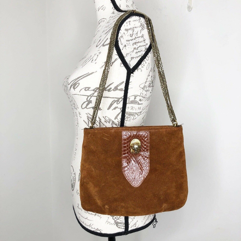 Vintage 70’s Ruth Saltz Cougar Head Brown Suede Gold Chain Handbag Purse